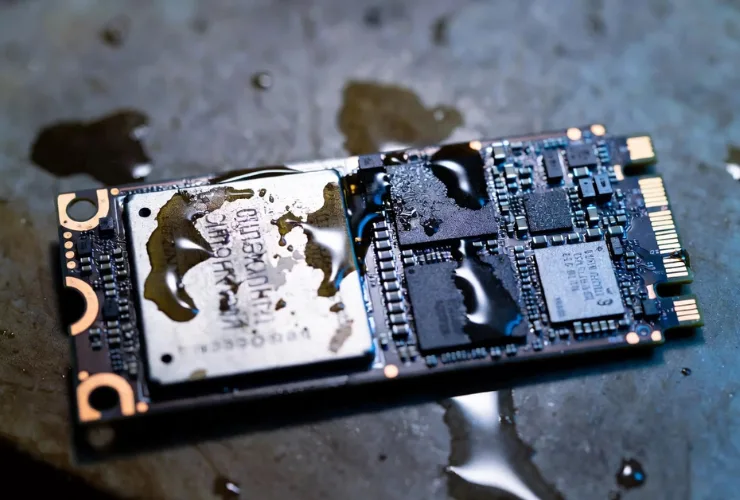 Wasserschaden an einem Laptop mit sichtbarer Korrosion auf der Platine