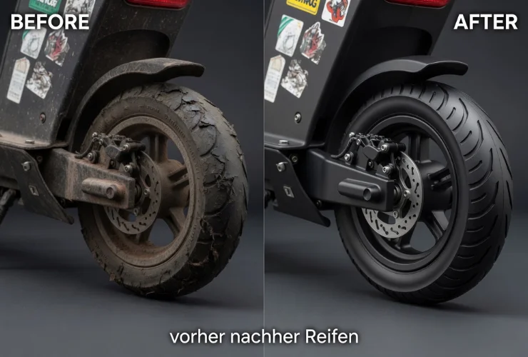 E-Roller Reifen wird in der Werkstatt gewechselt