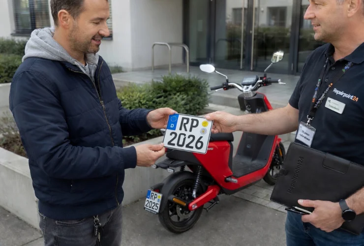 E-Roller mit Versicherungskennzeichen am Heck