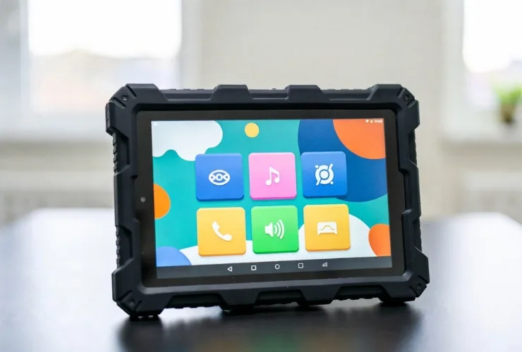 Kind nutzt Tablet mit robuster Schutzhuelle und Panzerglas
