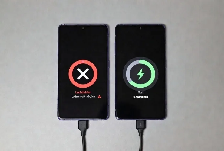 Smartphone mit angeschlossenem USB-C-Kabel zeigt kein Ladesymbol