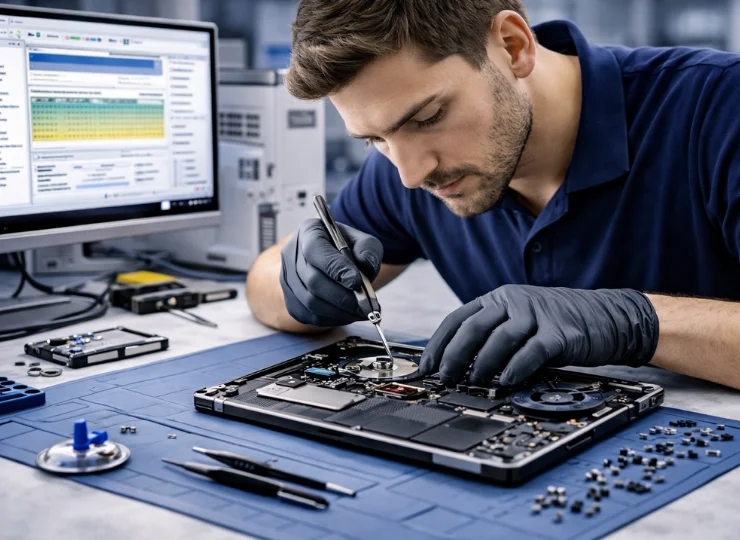 Techniker öffnet Festplatte für Datenrettung mit Recovery-Software am Monitor
