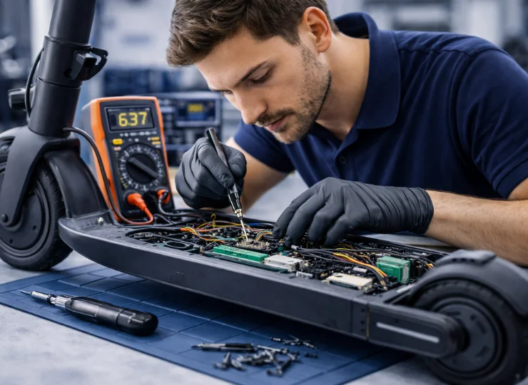 Techniker lötet an der Steuerungselektronik eines E-Scooters mit Multimeter-Diagnose