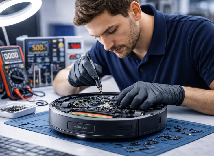 Techniker repariert geöffneten Saugroboter und lötet Komponenten auf der Hauptplatine